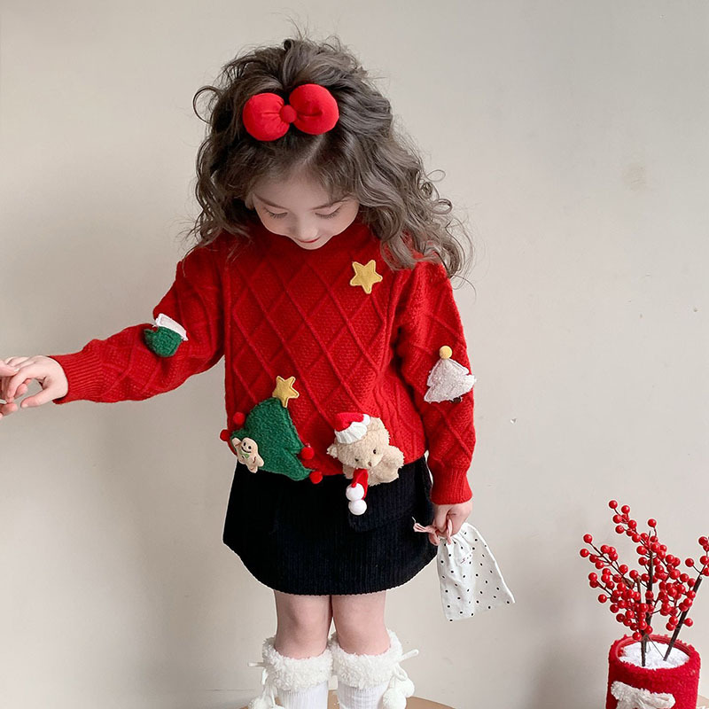 2025圆领圣诞毛衣新款拜年秋冬女童儿童针织打底衫上衣