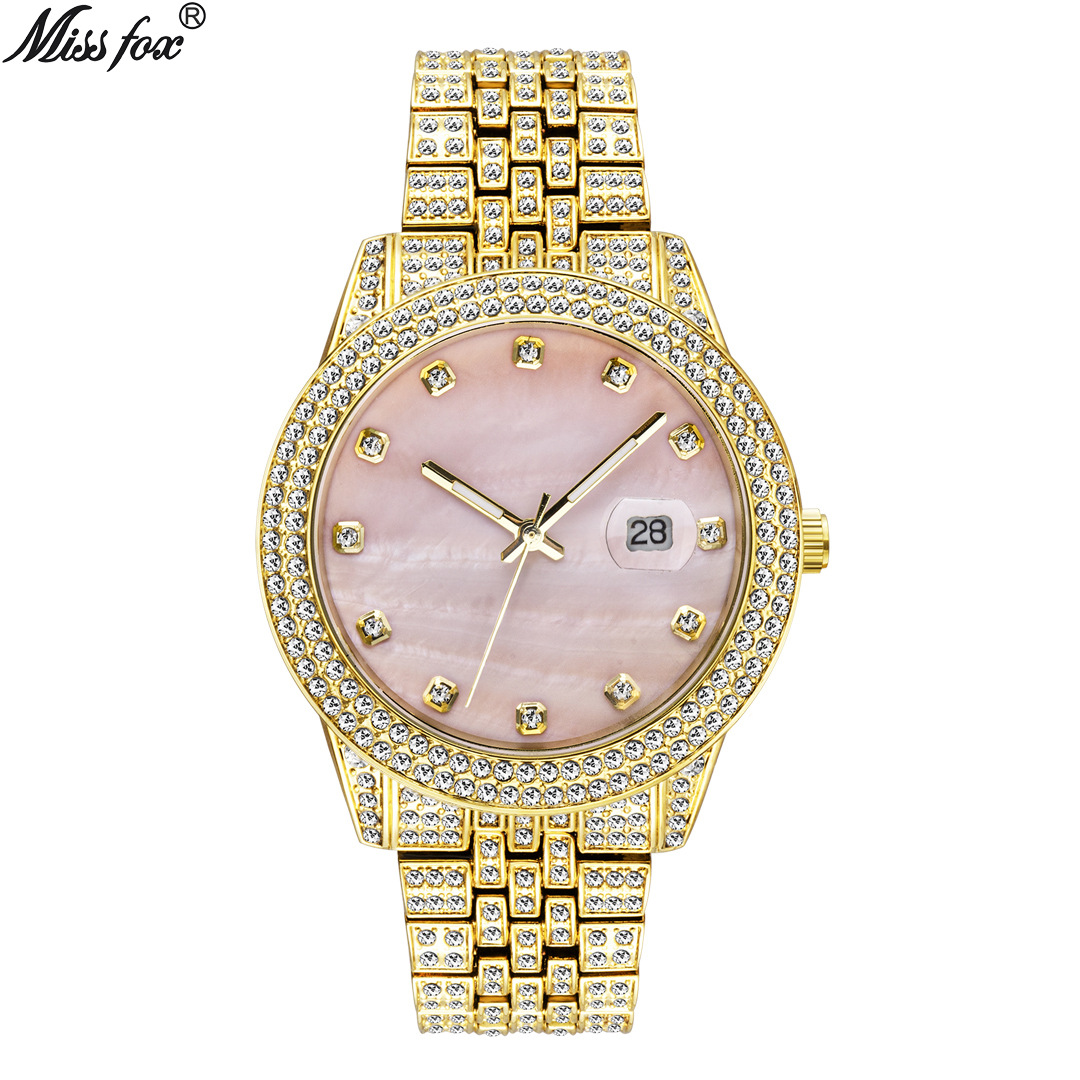 MISSFOX Watch Foreign Trade Brand European and American Fashion Hip Hop Diamond Watch Full Diamond Luminous Calendar Men's Quartz Watch