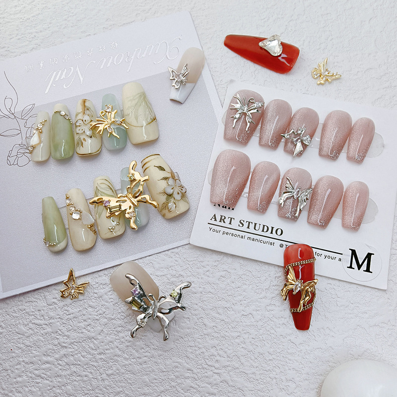 Internet celebrity Golden Silver simple big butterfly nail jewelry hollow three-dimensional metal zircon nail stickers DIY accessories