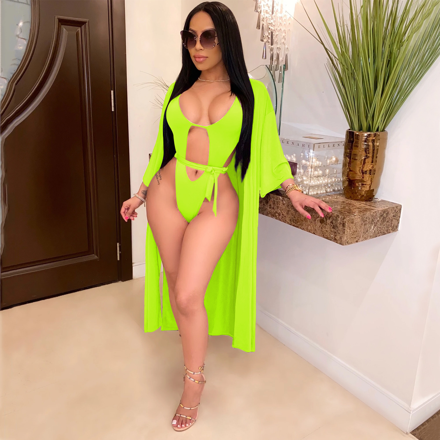 Traje de Baño Entero con Salida de Baño de Mezcla de Algodón y Poliéster, Color Liso, para Playa y Piscina image 7