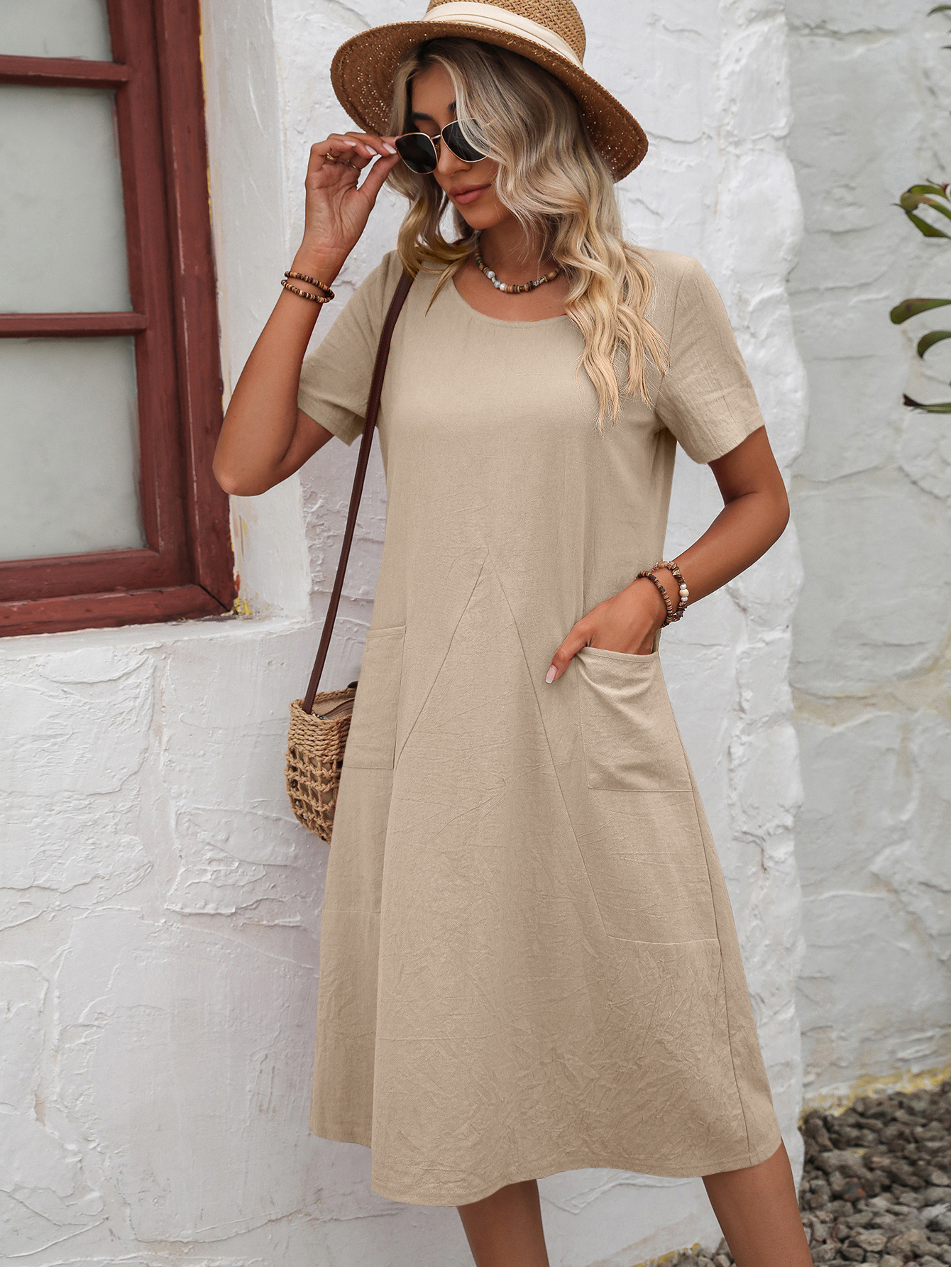 Summer Cotton Linen Solid Color Loose Round Neck Short Sleeve Dress