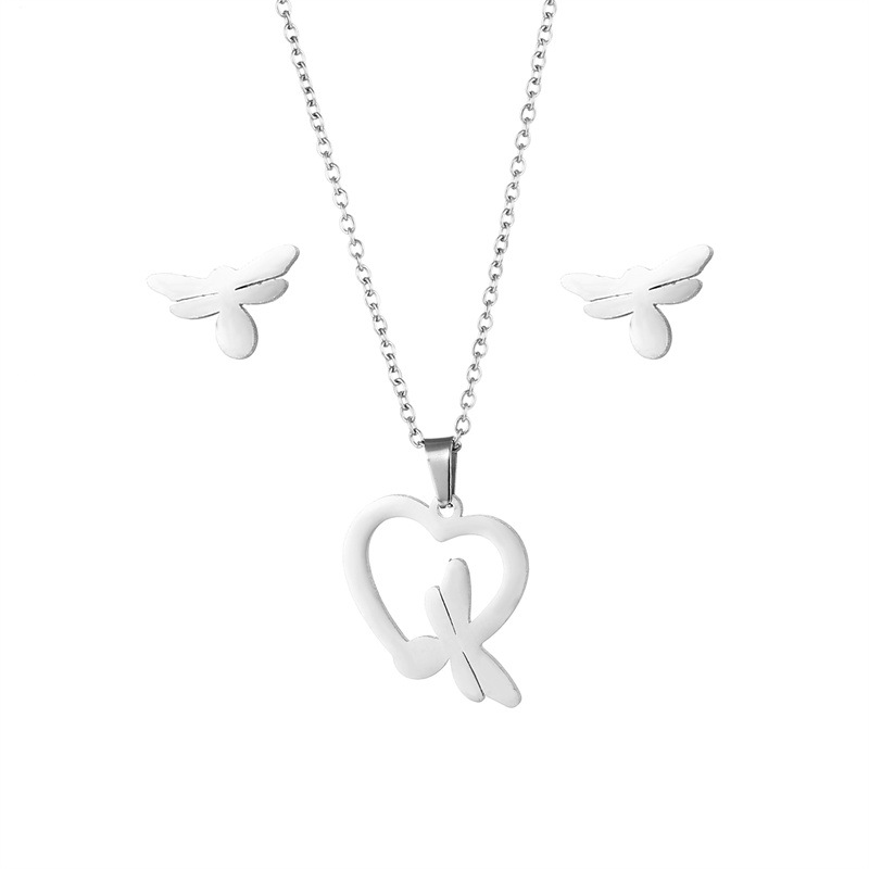 fashion stainless steel hollow heart-shaped dragonfly necklace earrings
