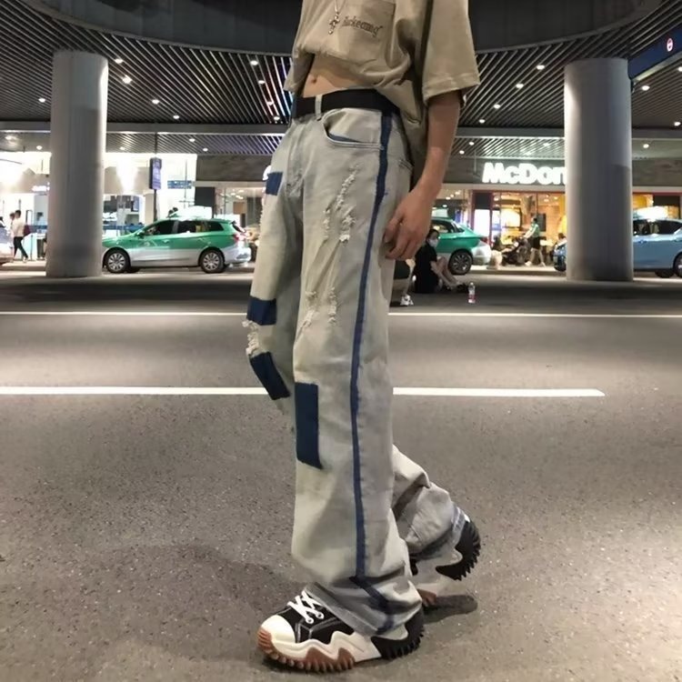 China-Chic Hip Hop High Street Used Wash Wide Leg Straight Tube Loose Herren Jeans Trendy oder Hose Hübscher Patch_voghion.com