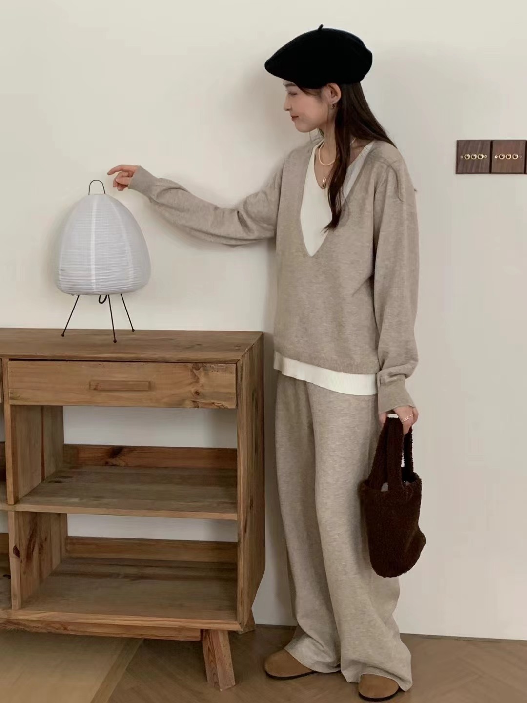 Damen Strick Anzug V-ausschnitt Pullover Und Weite Hose_voghion.com