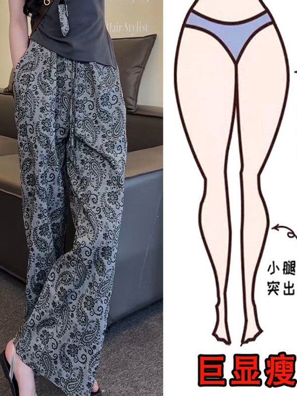 Retro-style, uniquely designed, high-end printed wide-leg pants for women, plus-size, high-waisted, straight-leg, loose-fitting, and casual