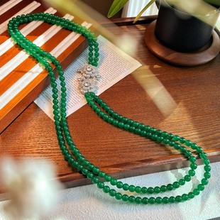 Quality Water Run 8mm Natural Green Chalcedony Double Layer Long Wool Chain Female Original Hand-made Retro New Chinese Style