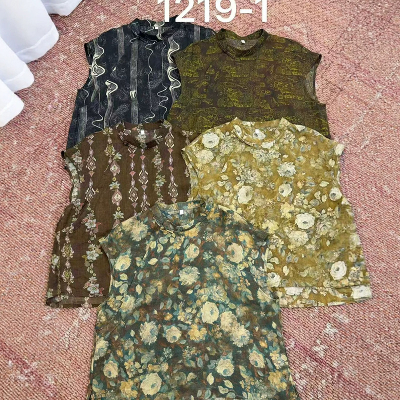 2026 Summer New Style Ramie Sleeveless Printed Top for Women, Artistic Retro Colorful Floral Printed Ramie Blouse