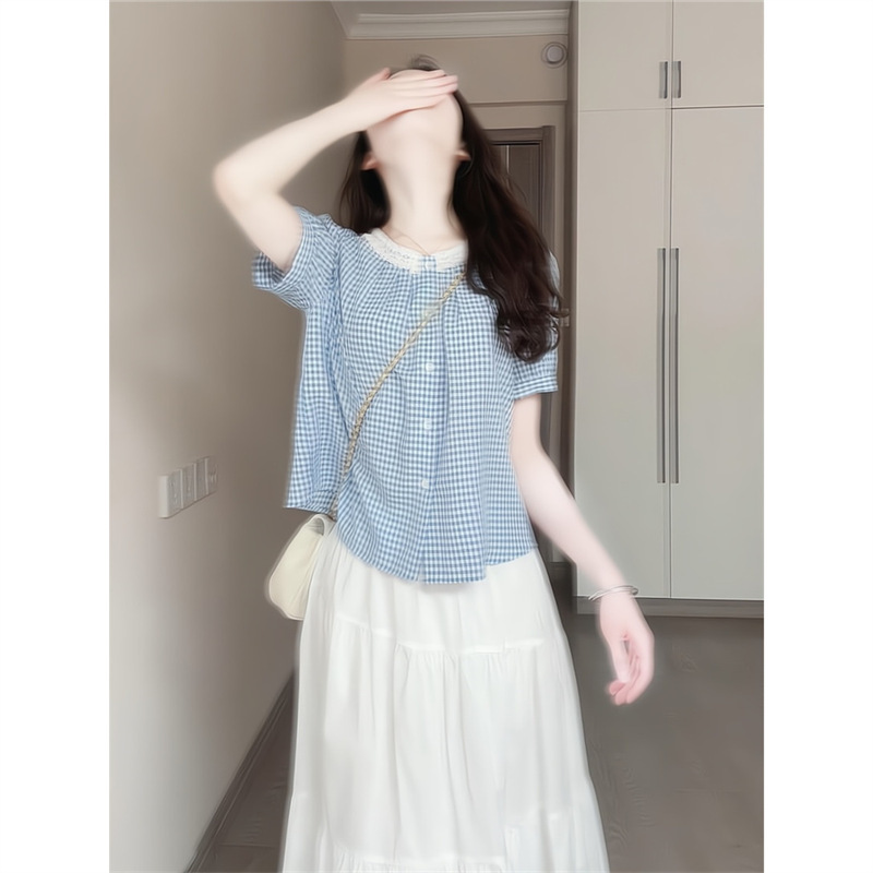 Original Fabric Blue Plaid Ruffled Short-Sleeve Shirt for Women, Summer French Light Luxury Youthful Trendy Top
