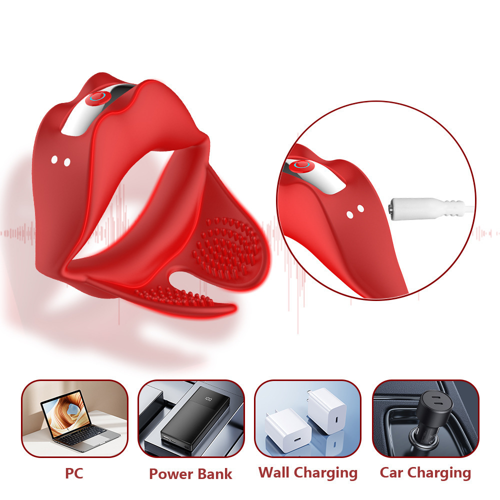 Red Lip Vibrating Lock Ring Silicone Cock Ring with Prostate and Testicle Vibration — detail image 6