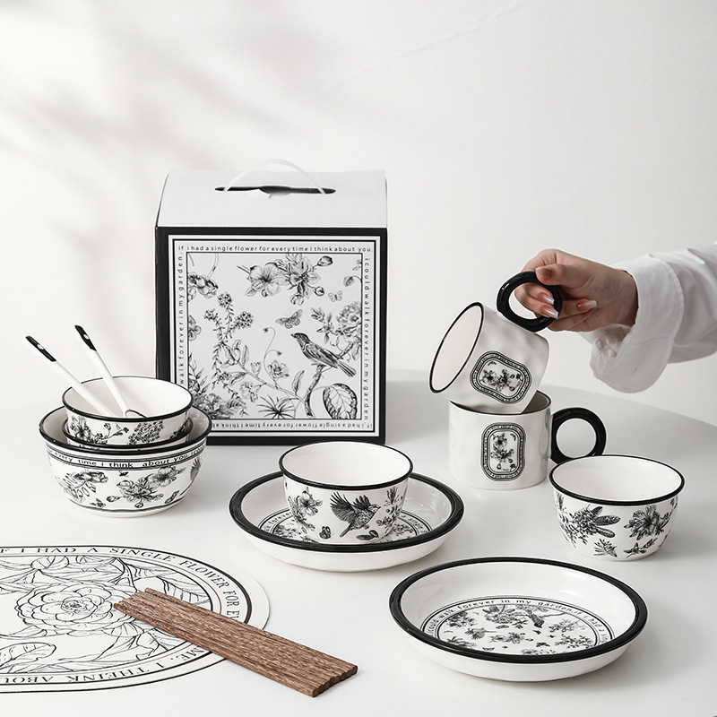 Selectively chosen tableware set gift box, ceramic tableware, Xiaohua flower, Insta-style, high-end ceramic bowls, plates, bowls, chopsticks