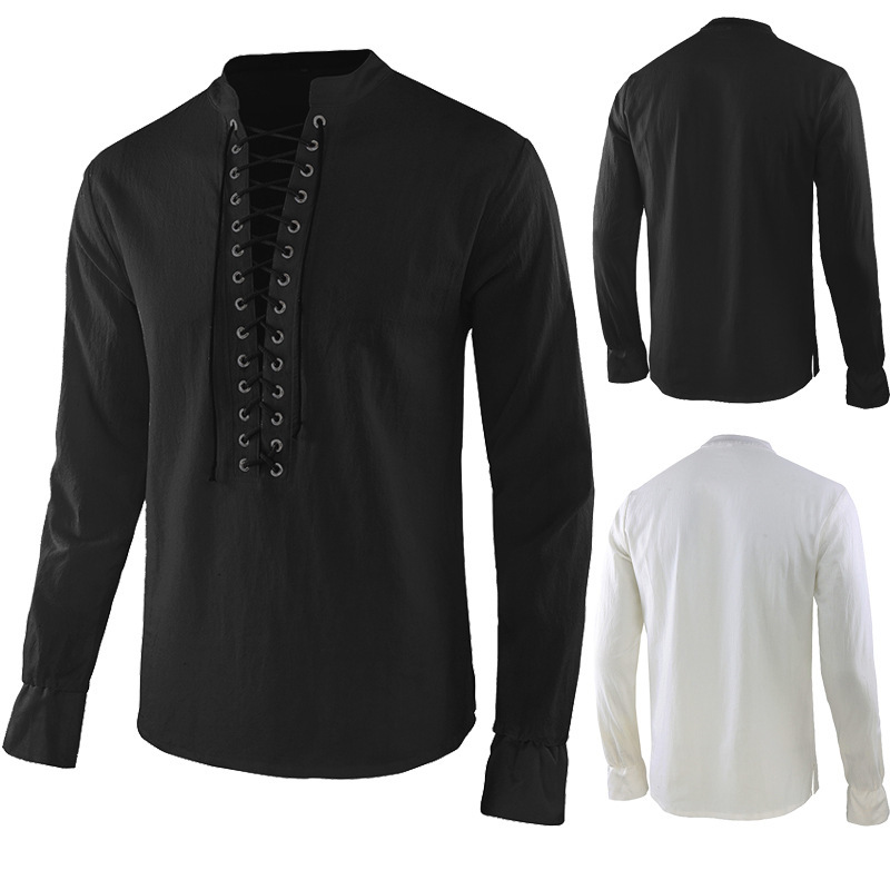 Amazon ebay medieval vintage solid color men's loose strap collar shirt steampunk Prince playing suit Amazon ebay medieval vintage solid color men's loose strap collar shirt steampunk Prince playing suit