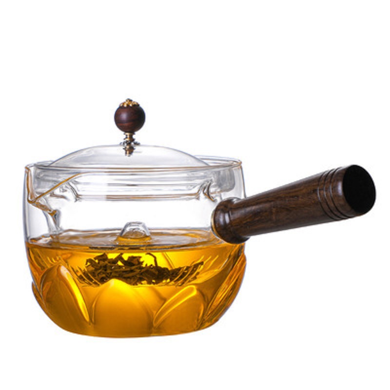 Mango lateral Xiaoyao tetera revestimiento 360 ° rotación vidrio borosilicato esmerilado patrón flor tetera té separador