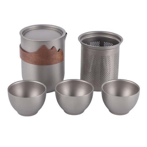 Pure titanium tea set complete gift box outdoor camping double-layer tea cup household teapot portable filter tea maker