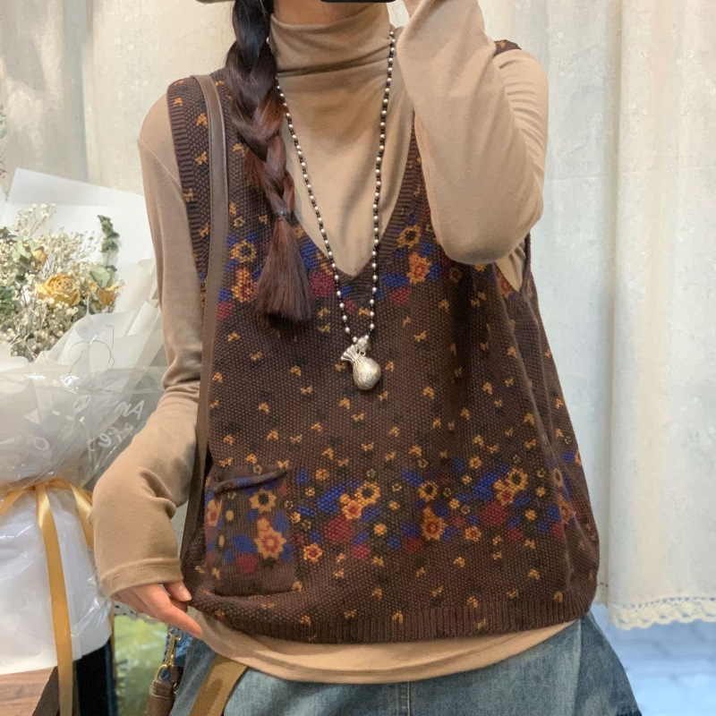 女性用のレトロな小花柄ニットベスト、ファッショナブルなポケット、Vネック、多用途、ファッショナブルなチョッキ、ベスト、セーターベスト|undefined