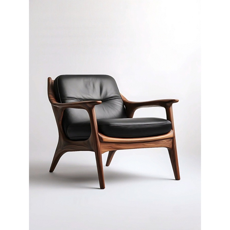 North American Black Walnut Solid Wood Leather Sofa Chair Leisure Chair Living Room Designer Classy House Hotel Single Chair