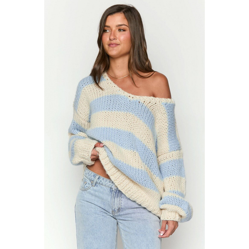 Pull ample en maille décontractée, épaules asymétriques, taille S, disponible en gros. Nombreux hauts rayés Pamine disponibles._voghion.com