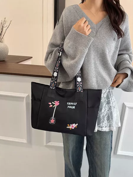 Large-Capacity Embroidered Canvas Tote Bag for Women, Versatile Handbag for Commuting and Travel