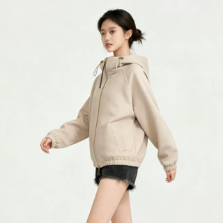 定制春秋季女浅卡其色连帽卫衣外套金拉链宽松灯笼袖休闲抽绳上衣