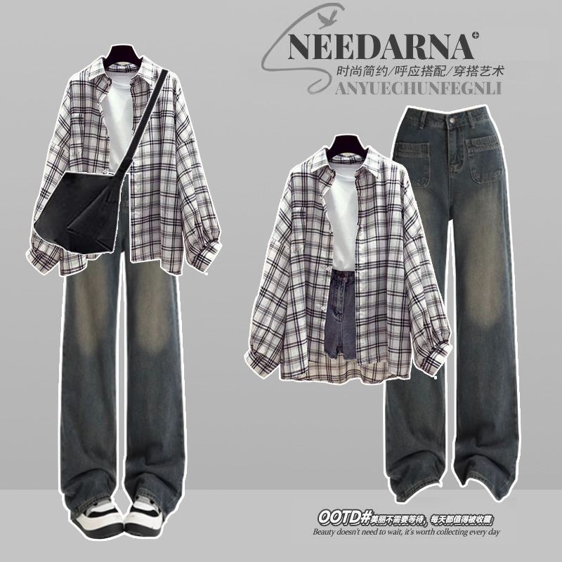 Fashion Suit # Loose and Versatile Single-Piece Plaid Shirt Jacket Paired with Spring and Autumn Straight High-Waisted Retro Jeans