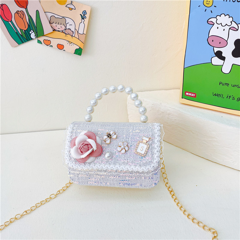 Bolsos infantiles princesa pequeña cadena de viento bolsa de perlas accesorios bolsos de mano niños de moda lindos bolsos de hombro de flores chicas