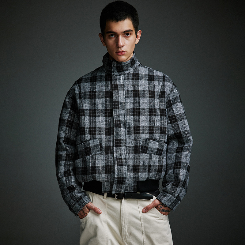 Men's Clothing Retro Stand Collar Plaid Woolen Coat Vintage Design Cotton Coat_voghion.com