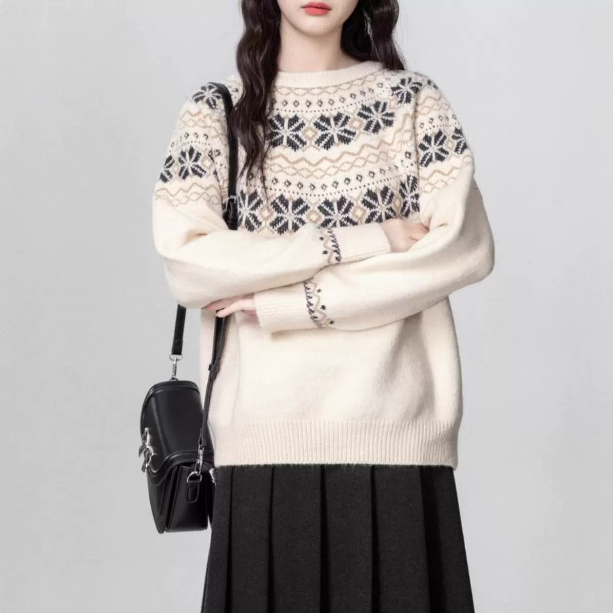 现货 实拍  复古费尔岛编织  加厚圆领套头毛衣VS针织百褶裙套装