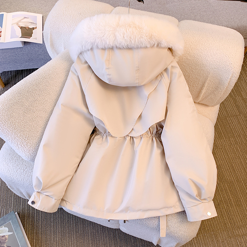 Forrado de lana gruesa Chaqueta de algodón acolchado de las mujeres de invierno cintura apretada cuello de piel grande ropa de trabajo chaqueta acolchada de algodón chaqueta caliente pequeña ropa de parka de estilo occidental image 4