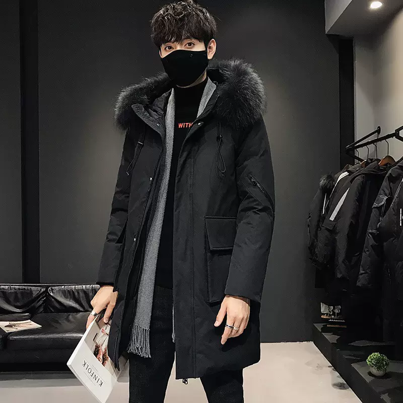 冬季新款男士连帽羽绒服韩版青年中长款休闲男装毛领加厚保暖外套