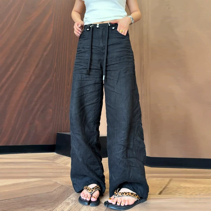 Linen Straight-Leg Casual Pants for Women, Summer Thin Style, Plus-Size, High-Waisted, Loose Fit, Slimming, Drapey, Drawstring, Narrow Wide-Leg Pants Linen Straight-Leg Casual Pants for Women, Summer Thin Style, Plus-Size, High-Waisted, Loose Fit, Slimming, Drapey, Drawstring, Narrow Wide-Leg Pants