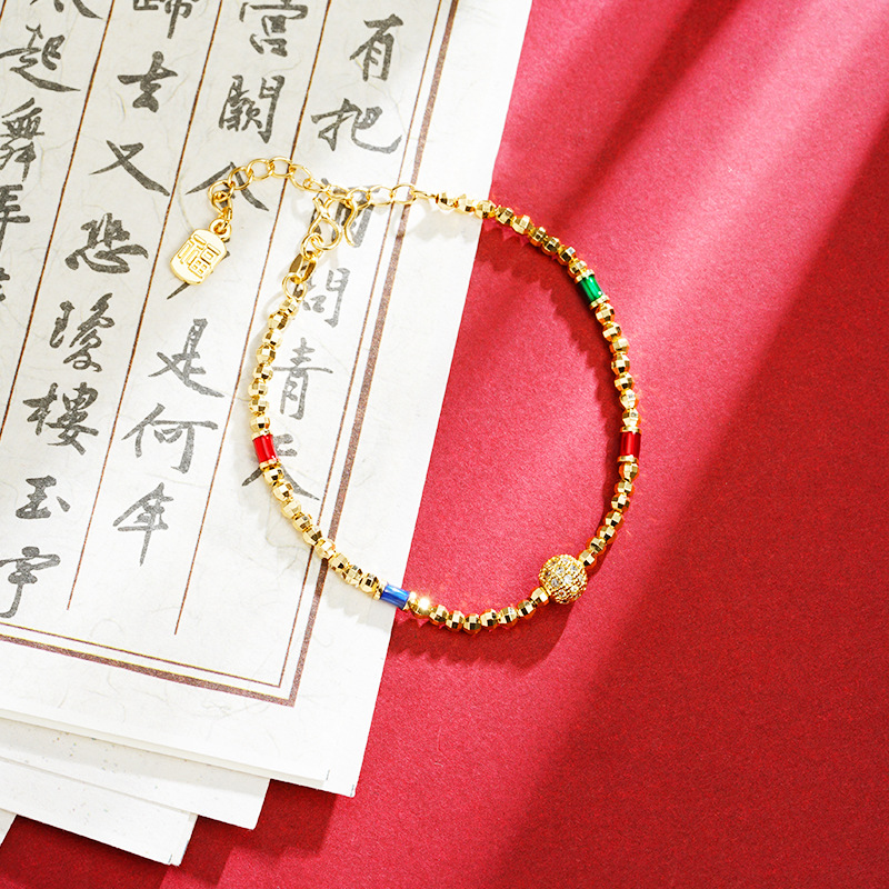 Pulsera de oro vietnamita de lujo ligera con diamantes de bola cuadrada con cuentas de brazalete de diseño de nicho de joyería al por mayor