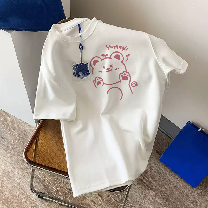 新款重磅纯棉圆领短袖t恤女夏季复古高级感别致漂亮情侣上衣|undefined
