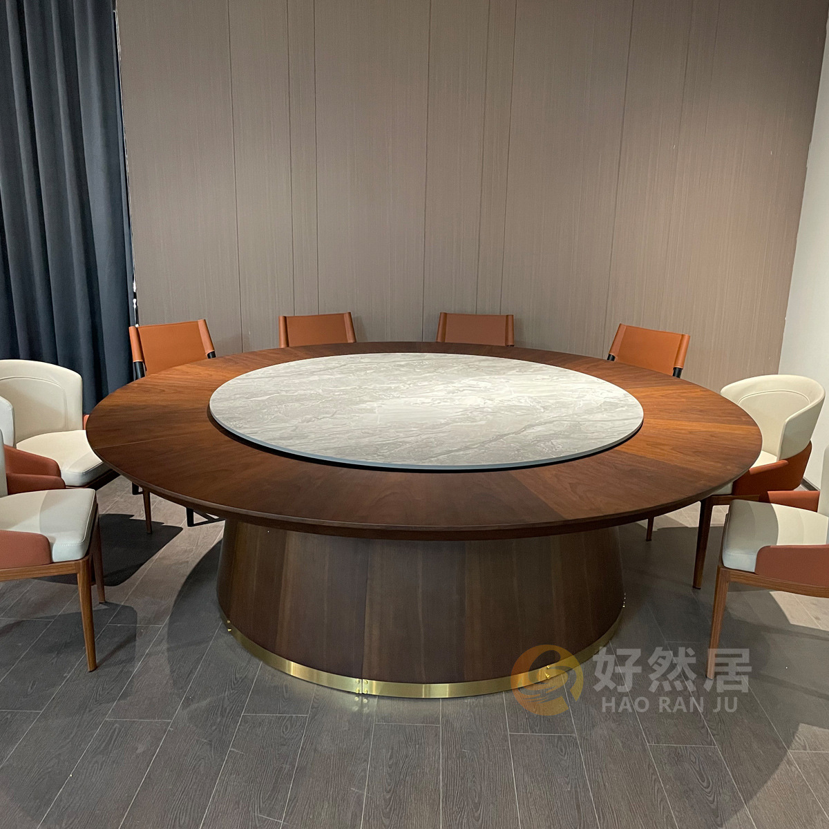 新中式实木电动餐桌大圆桌3米饭店包厢岩板圆形30人转盘火锅饭桌