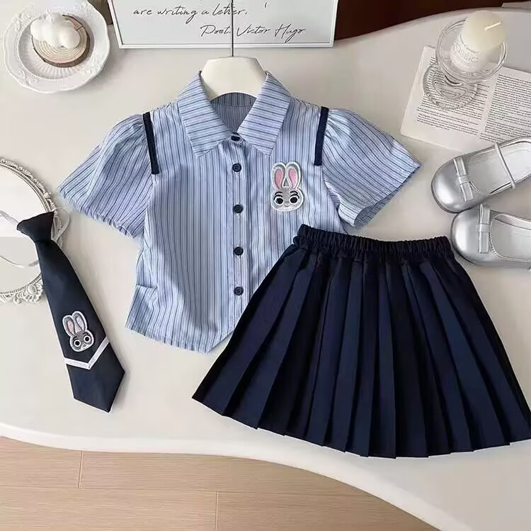 Girls Summer Suit 2025 New Style Baby Girl Fashionable Internet Celebrity Preppy Style Short-Sleeved Shirt 100% off Skirt Two-Piece Set