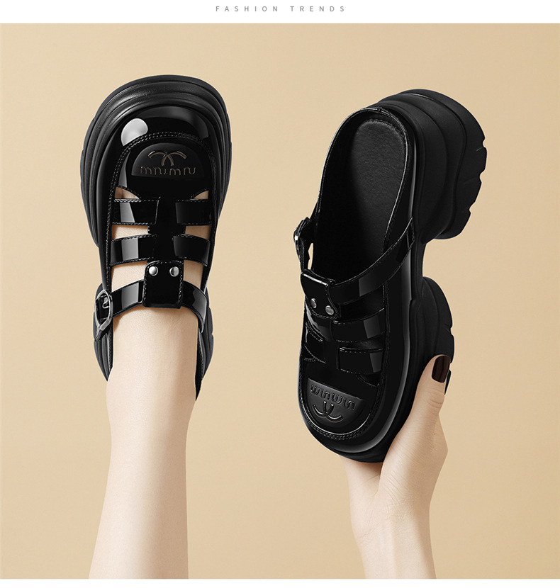 Dép sandal nữ quai chữ V đế xuồng dày 5 cm, phong cách La Mã, mũi kín, kiểu lười khoét lỗ — JST 7131 màu đen, JST 7131m màu chi tiết 6