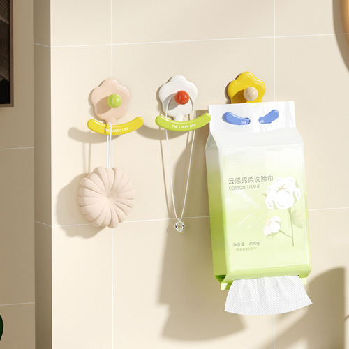 Cute and Fun Flower Hook Bathroom No-Nail Towel Bath Ball Tissue Paper Holder Creative Invisible Strong Adhesive Hook