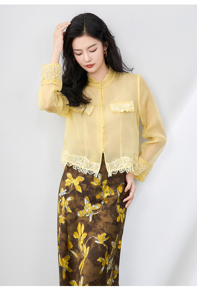 Áo sơ mi dài tay lụa organza cao cấp kiểu Trung Quốc mới mùa hè — Màu đen chi tiết 25
