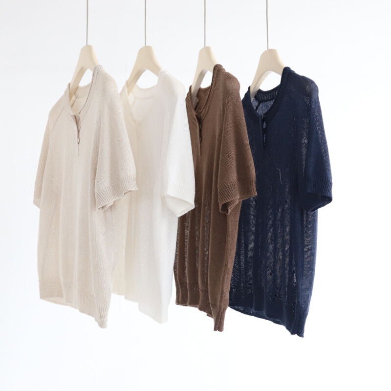 Imported Japanese Paper Yarn Rolled-Edge Collar Raglan Sleeve Half-Open Collar Buttoned Short-Sleeve Short Knit Top for Women, New Stylish Top