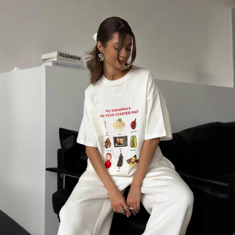 Summer European and American Style High Street Personalized Sweet Hong Kong Flavor Printed oversize All-match 100 Pure Cotton Short-sleeved T-shirt Trendy