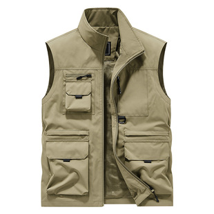 Cross-Border New Men's Outdoor Vest with Multiple Pockets, High-End Stand Collar, Solid Color, Quick-Dry, Large Size Men's Vest