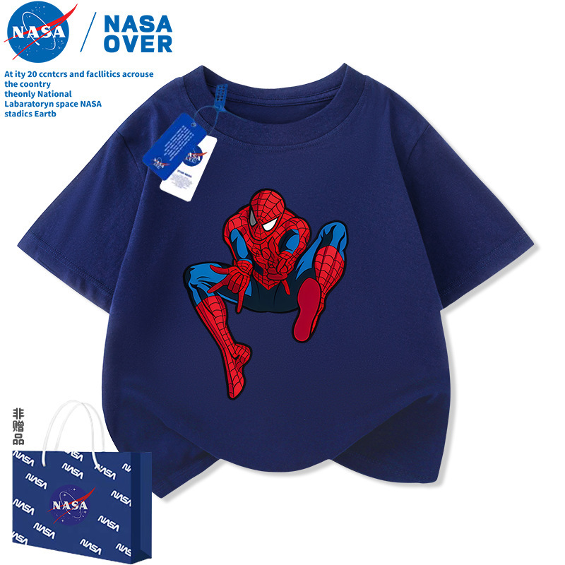 NASA Boys' Short-Sleeve T-Shirt with Cartoon Spider-Man Print, Stylish Summer Outfit for Older Children, Versatile Kids' Half-Sleeve Top