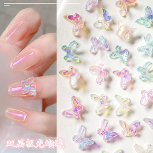 Nail Art double layer Aurora Butterfly jewelry cute girl ice transparent color three-dimensional resin nail decoration diamond wholesale