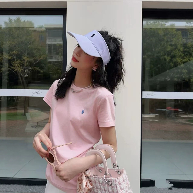 High-Quality Rl Ralph Lauren Round-Neck Short-Sleeve Women's T-Shirt with Pony Logo Embroidery in Pink Cotton, Fashionable and Versatile Slim-Fit Top