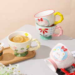 Ceramic Hand-painted Relief Breakfast Mug Coffee Cup Large Capacity Oat Cup Cute Creative Milk Cup Wholesale