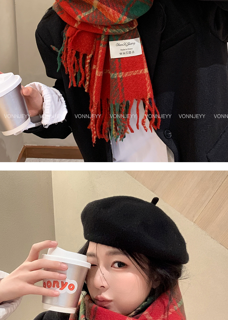 Regalo di Capodanno: sciarpa scozzese con nappe rosse natalizie, sensazione invernale di alta qualità per le donne, caldo scialle coreano, sciarpa spessa_voghion.com