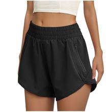 2025亚马逊女士夏季跑步运动裤带口袋侧边拉链纯色松紧腰开衩短裤