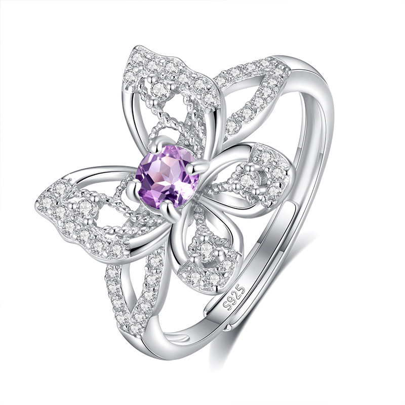 Transmisión en vivo de alta calidad tesoro de color estilo caliente s925 con incrustaciones de plata de ley anillo de mariposa de cristal natural moda femenina todo fósforo temperamento joyería