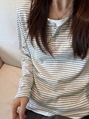 韩系复古正肩亨利领假两件条纹长袖T恤女早秋宽松慵懒小众上衣