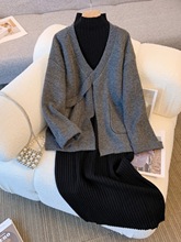 大码女装秋冬微胖慵懒风气质遮肉显瘦连衣裙针织毛衣外套两件套