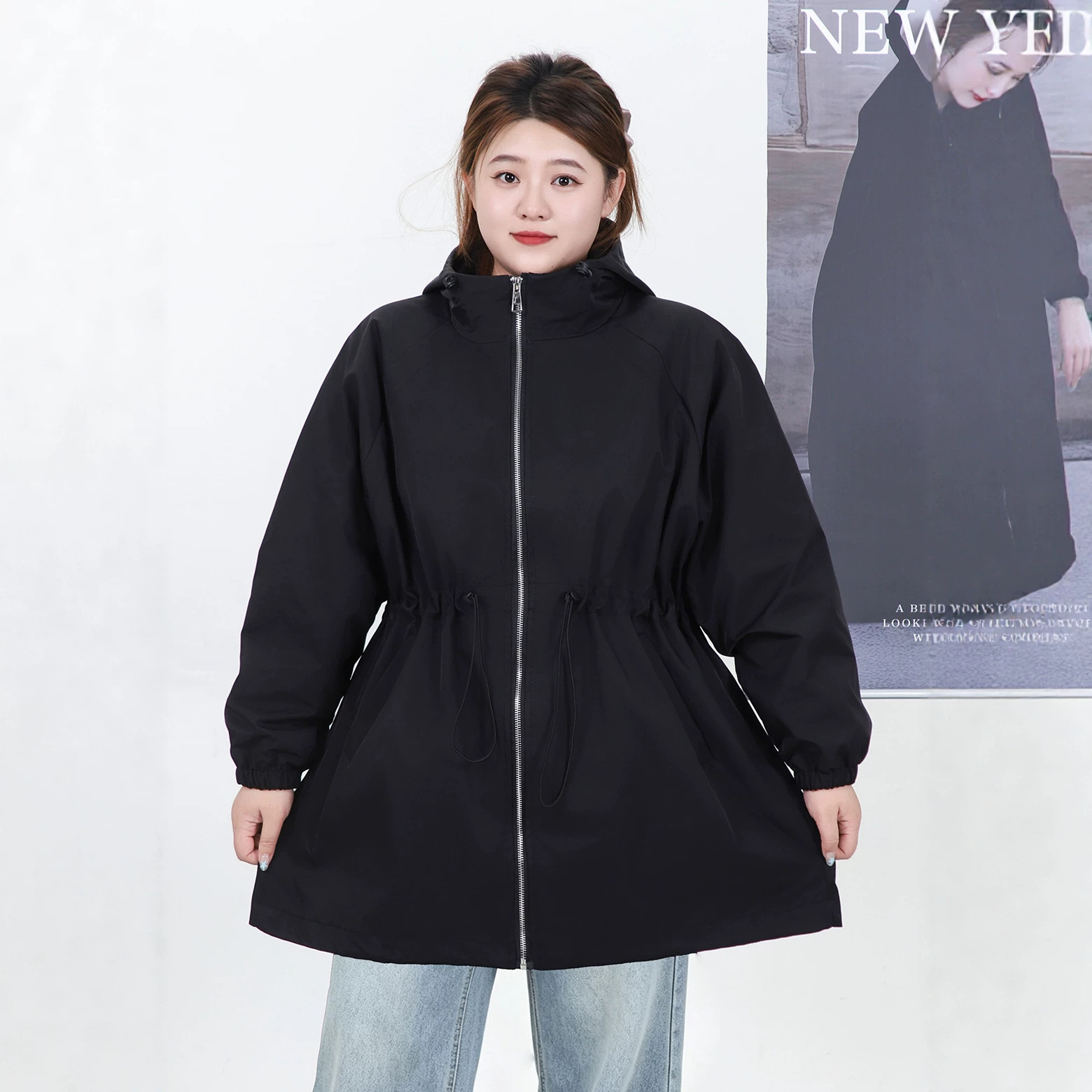Autumn loose-fit fashionable casual hooded trench coat plus-size women's clothing 150kg for plus-size ladies