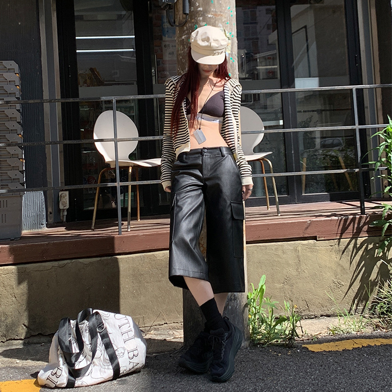 Wear inspired fashion overalls leather pants women's autumn new high waist loose straight tube slimming design sense cropped leather pants